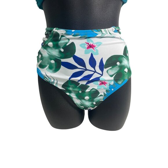 Cupshe Teal & Tropical Leaf Print High Waisted Bikini Set Sz L - New - Picture 4 of 11